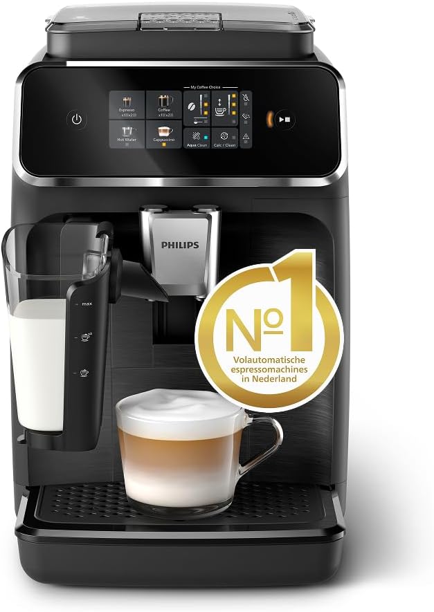 PHILIPS 2300-Serie Volautomatische Espressomachine - 4 Dranken, Modern kleurentouchscreen, LatteGo-melksysteem, SilentBrew, 100% Keramische Molen, AquaClean Filter. Matzwart (EP2330/10)