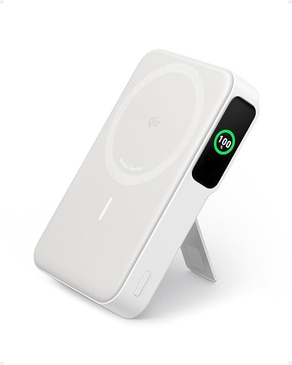 Anker MagGo Power Bank, Qi2-gecertificeerde 15 W snelle MagSafe-compatibele mobiele oplader, 10000 mAh batterij, slim display en inklapbare standaard, voor iPhone 17/16/15/14/13, incl. USB-C kabel
