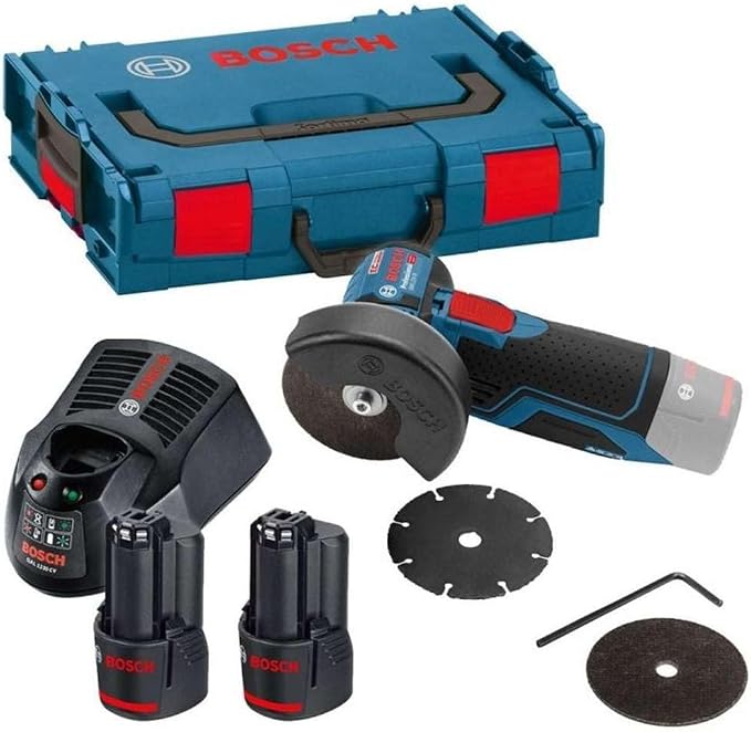 Bosch Professional 12V System haakse accuslijpmachine GWS 12V-76 (3 doorslijpschijven, schijfdiameter: 76 mm, incl. 2x 3,0 Ah accu's en oplader, in kartonnen doos)
