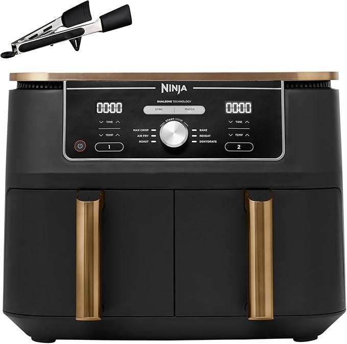 Ninja Foodi MAX Dual Zone Airfryer, Tang, 2 Laden, 9,5L, 6-in-1, Olievrij, Airfryen, Max Crisp, Braden, Bakken, Vaatwasmachinebestendige Manden, Anti-aanbaklaag, Koper/Zwart Amazon Exclusief AF400EUCP