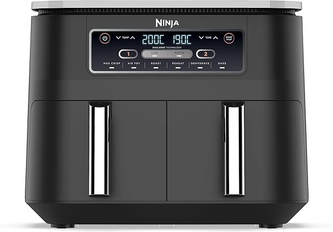 Ninja Foodi Dual Zone Digitale Airfryer, 2 Laden, 7,6L, 6-in-1, Olievrij, Airfryen, Braden, Bakken, Opwarmen, Drogen, Kookt 4-6 Porties, Vaatwasmachinebestendige Manden, Antibaklaag, Zwart AF300EU