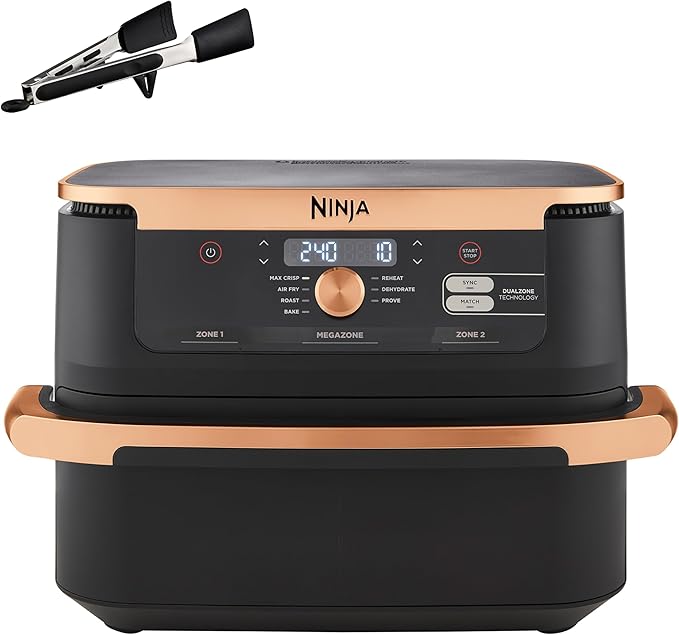 Ninja Foodi FlexDrawer Airfryer, Dubbele Zone met Verwijderbare Verdeler, Grote 10,4L Lade, 7-1, Dual Zone, Olievrij, Vaatwasmachinebestendige Onderdelen met Anti-aanbaklaag, Zwart en Koper, AF500EUCP