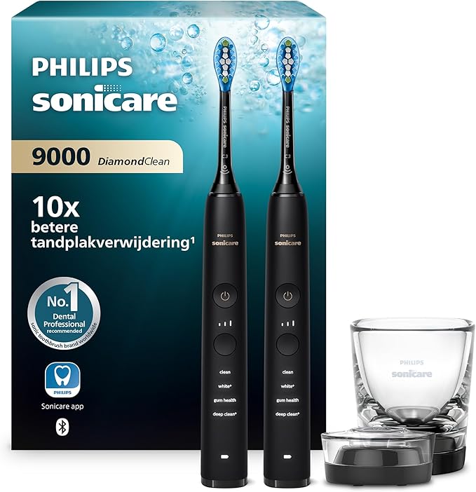 Philips Sonicare DiamondClean 9000 elektrische tandenborstel, sonische tandenborstel met app, druksensor, 4 poetsstanden, 3 intensiteitsniveaus, oplaadglas, zwart, dubbelverpakking, model HX9914/54