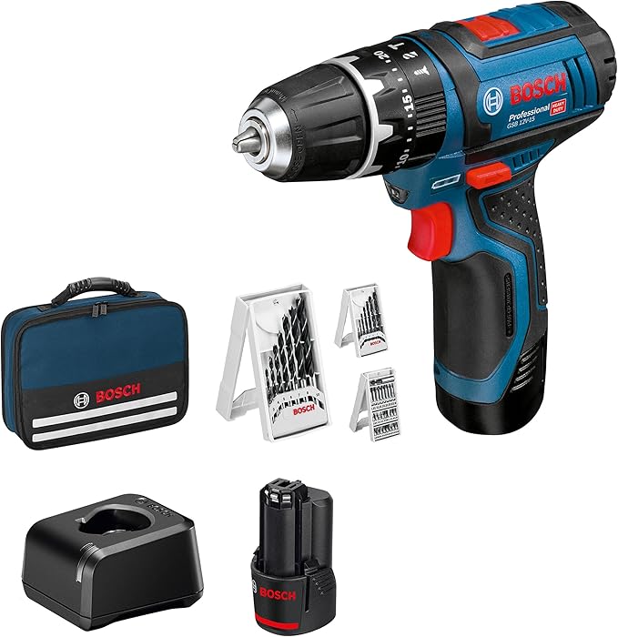 Bosch Professional 12V System accuschroefklopboormachine GSB 12V-15 (boor-Ø hout max: 19 mm, incl. 2x 2,0 Ah accu + oplader, 2x boorset, 1x bitset, in tas) - Amazon Exclusive Set