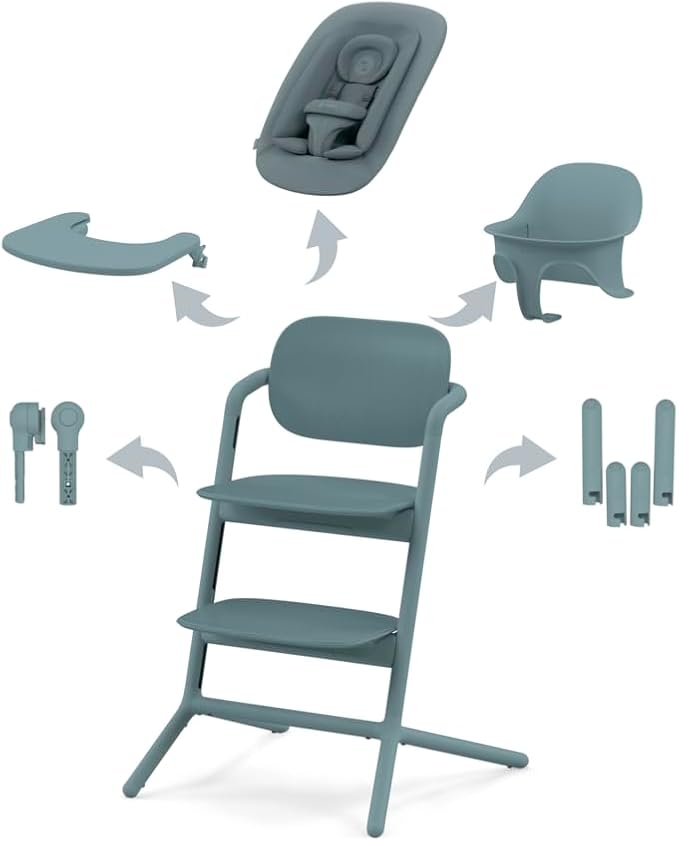 Cybex Gold LEMO Kinderstoel 4-in-1 Set, 0 - 99 jaar, Vanaf de geboorte, Inclusief wipstoeltje, Inzetstuk voor pasgeborenen, Hoofdsteun en adapterset, Beukenhout/Aluminium/Kunststof, Stone Blue (Blauw)