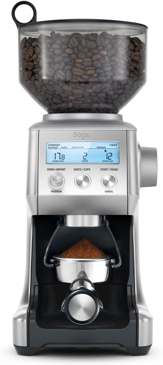 Sage - The Smart Grinder Pro - Koffiemolen met Kegelmaalwerk - Programmeerbaar, Automatisch, Instelbaar, 60 Maalstanden, 165 Watt, met Filterdrageradapters - Geborsteld Roestvrij Staal