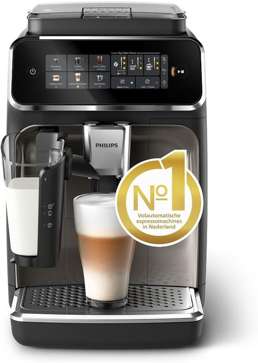 PHILIPS 3300-Series Fully Automatic Espresso Machine - 6 Drinks, Modern Color Touch Screen, LatteGo Milking System, SilentBrew, 100% Ceramic Grinder, AquaClean Filter. Black Chrome (EP3347/90)