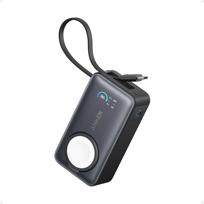 Anker MagGo Power Bank for Apple Watch, Certified Battery, Portable and Compact with 10000 mAh, Integrated USB-C Cable, 35W Max, for iPhone 16/15, Samsung, iPad, AirPods and More
