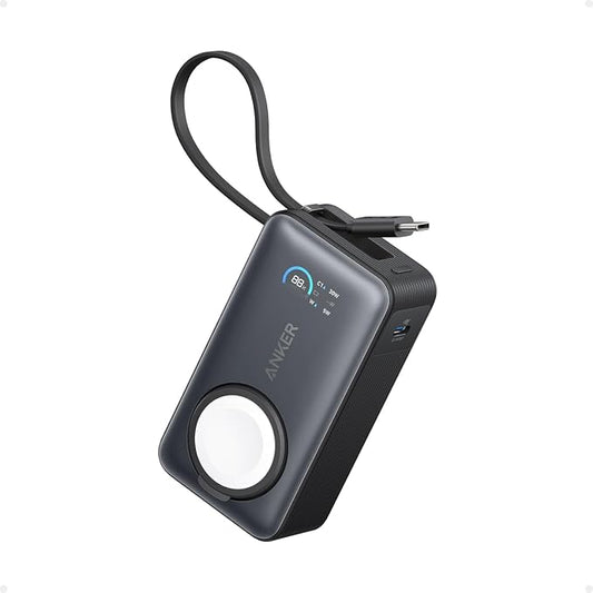 Anker MagGo Power Bank for Apple Watch, Certified Battery, Portable and Compact with 10000 mAh, Integrated USB-C Cable, 35W Max, for iPhone 16/15, Samsung, iPad, AirPods and More