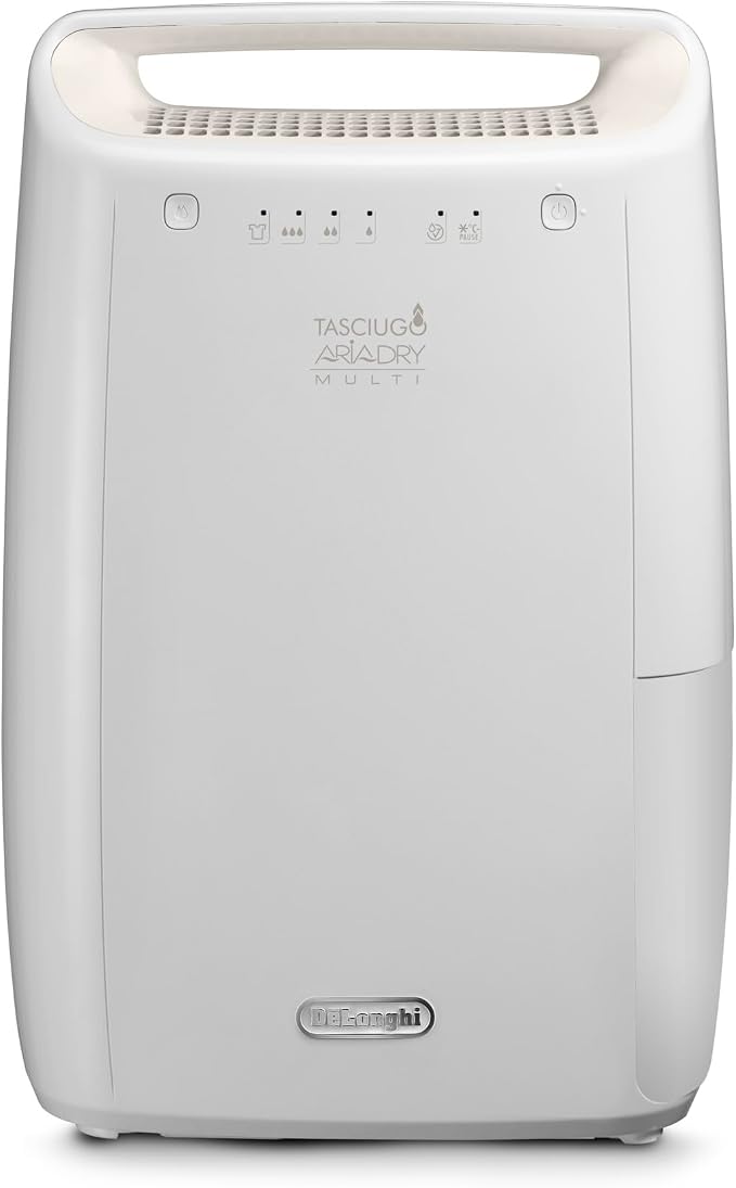 De'Longhi DEX210SF Luchtontvochtiger-droger voor thuis, voor het verwijderen van vocht, schimmelbescherming, wasdroger, dubbel luchtfiltersysteem, 10 l/dag, veiligheidssysteem, handgreep, wit