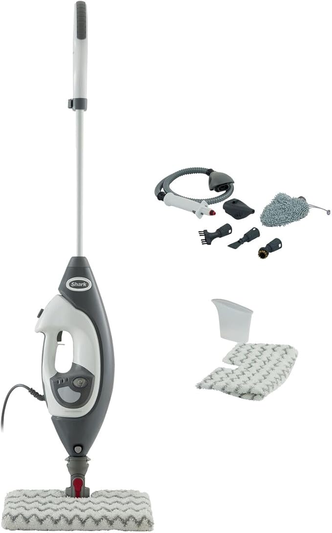 Shark Vloer- en Handstoomreiniger, Stoommop voor Harde Vloeren met Klik n' Flip, Reinigt Tegels, Oppervlakken, Kranen & Glas met Lift-Away & 5 Accessoires, 2 Instellingen, Grijs/Wit S6005EU