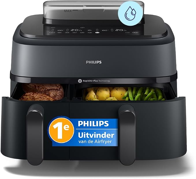 Philips Airfryer 5000 Series Dual Basket met stoom – Airfry, Stoom & Steamfry, Auto SteamClean, 19 bereidingswijzen, 9L capaciteit, RapidAir Plus-technologie (NA550/00)