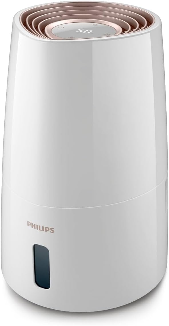 Philips Luchtbevochtiger 3000 Serie, 45 m², 99,97% minder bacteriën (NanoCloud), 300 ml/u, 3 standen, Slaapmodus, Zeer stil (33 dB), Vochtigheidssensor, Timer, 3L Reservoir, Wit (HU3916/10)