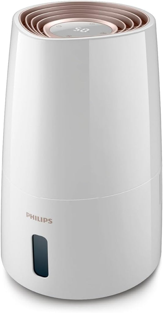 Philips Luchtbevochtiger 3000 Serie, 45 m², 99,97% minder bacteriën (NanoCloud), 300 ml/u, 3 standen, Slaapmodus, Zeer stil (33 dB), Vochtigheidssensor, Timer, 3L Reservoir, Wit (HU3916/10)