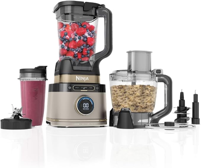 Ninja 3-in-1 Detect Power Blender Processor Pro, Krachtige 1200W-Blender, Keukenmachinekom, Deegmes, 3x Bekers Voor Eén Portie, Kan, Maak Pizzadeeg, Blend, Hak & Mix, Steengouden, TB401EUSTGD