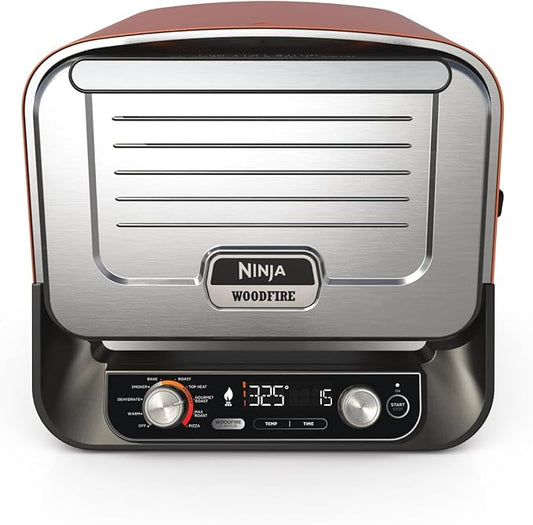Ninja Woodfire Buitenoven, 8-in-1 Pizzaoven, High-Heat Braadrooster & BBQ Smoker, Braadrek, Pro-Heat Tray, Pizzasteen, Houtpellets & Schep, Elektrisch, 6 Pizza-instellingen, Gebrand Oranje, OO101EU