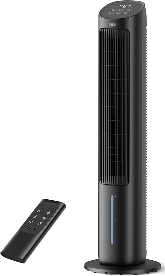 DREO Torenventilator met koeling, stil, ventilator met waterkoeling, 102 cm, luchtkoeler, verdampingskoeler met 80° zwenkfunctie, 3 modi, 4 snelheden, afstandsbediening, zwart