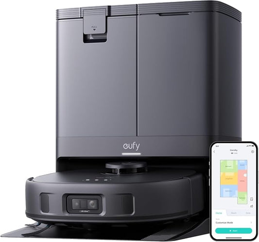 eufy X10 Pro Omni robotstofzuiger en dweil met 8000 Pa zuigkracht, twee dweilen die 12 mm kunnen worden opgetild, tapijtdetectie, AI-obstakelvermijding, wast en droogt de dweil, zelflegend en -vullend