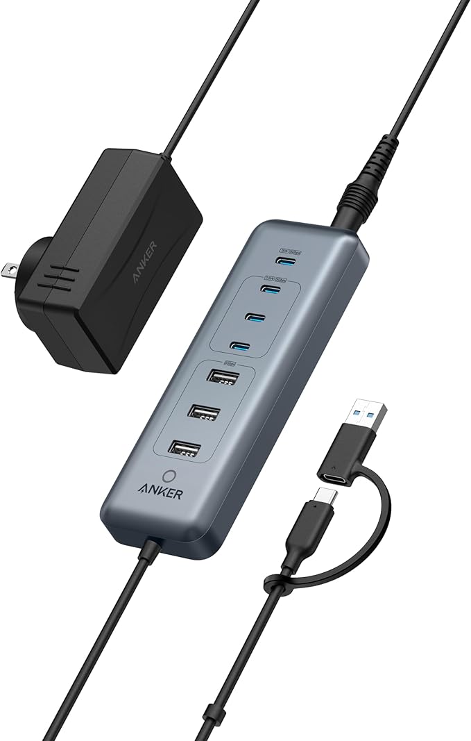 Anker USB-hub, USB-C hub met 8 USB 3.0 poorten, USB-splitter, 100 W USB-C PD-IN hub met 4 USB-C-poorten en 3 USB-A, 2-in-1 USB-aansluiting, voor MacBook, iPad, camera en meer (45W adapter inbegrepen)