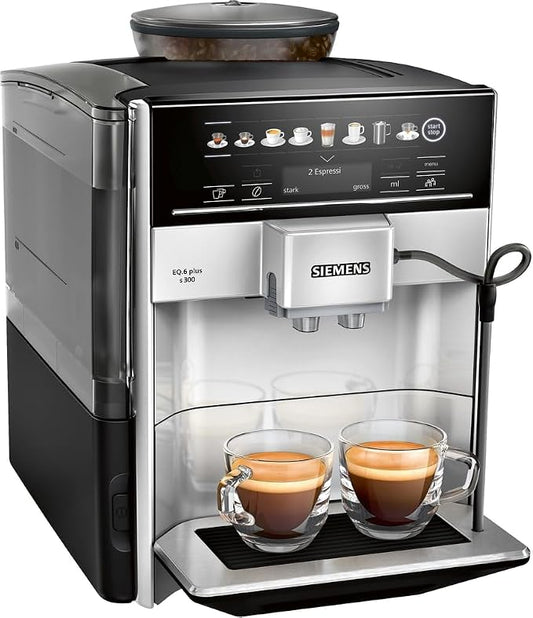 Siemens Volautomatische koffiemachine EQ.6 plus s300 TE653501DE, voor vele koffiespecialiteiten, melkopschuimmondstuk, keramische molen, dubbele kopfunctie, antikalk, automatische stoomreiniging, 1500 W, zilver, grijs