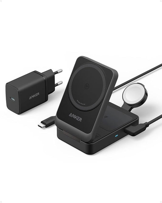 Anker MagGo 3-in-1 oplaadstation, Qi2-gecertificeerd, draadloze MagSafe-oplaadstandaard van 15 W, Apple Watch-oplader voor MagSafe, voor iPhone 14/15, AirPods, Apple Watch 9 (incl. 40W-USB-C-oplader)