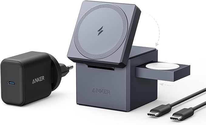 Anker 3-in-1 Laadkubus met MagSafe, 15 W draadloos maximaal laadvermogen, compatibel met iPhone 14/13/12-serie, Apple Watch serie 1-7/SE, en AirPods Pro/3/2 (inclusief 30 W voeding)