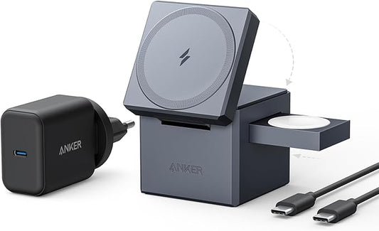 Anker 3-in-1 Laadkubus met MagSafe, 15 W draadloos maximaal laadvermogen, compatibel met iPhone 14/13/12-serie, Apple Watch serie 1-7/SE, en AirPods Pro/3/2 (inclusief 30 W voeding)