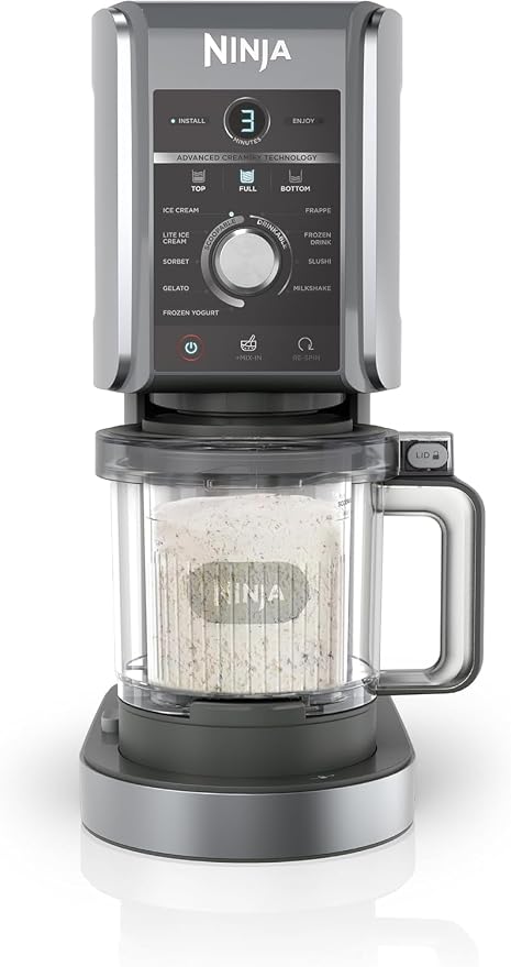 Ninja CREAMi Deluxe NC502EU IJs- en ijsdrankmachine met 2 bekers, 10 functies, maakt ijs, gelato, sorbet, bevroren yoghurt, milkshakes, slushi en meer, 2-in-1 smaakoptie, zilver