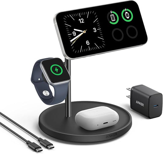 Anker MagSafe Draadloos laadstation, compatibel met MagGo, 3-in-1 draadloos laadstation voor iPhone S15/14/13/12, AirPods, Apple Watch (USB-C-oplader en kabel inbegrepen)