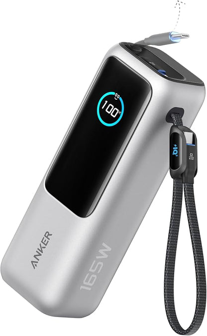 Anker Laptop-Power Bank 25000 mAh, draagbare oplader, met drie USB-C-poorten, 100 W, voor het opladen van meerdere apparaten, geïntegreerde en intrekbare kabel, voor iPhone 17 Pro Max/Serie 16-12