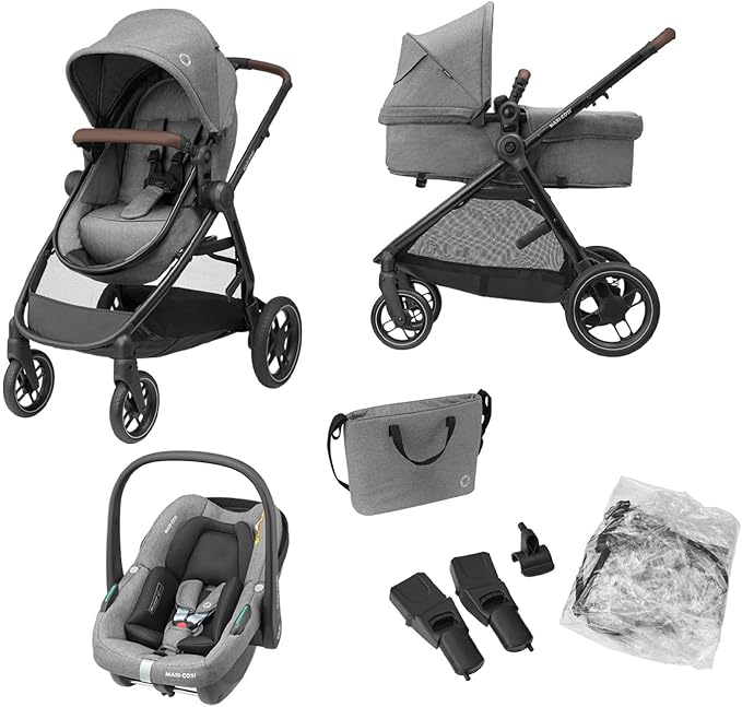 Maxi-Cosi Zelia S Trio Kinderwagen 3 in 1 Set, 0 - 4 Jaar, Tot 22 kg, Inklapbaar, Compact en Verstelbare Wandelwagen, Inclusief CabrioFix S i-Size Autostoeltje, Accessoires, Luiertas, Grijs