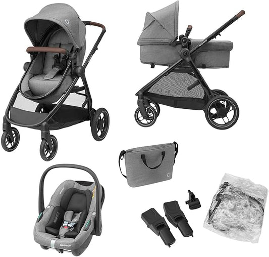 Maxi-Cosi Zelia S Trio Kinderwagen 3 in 1 Set, 0 - 4 Jaar, Tot 22 kg, Inklapbaar, Compact en Verstelbare Wandelwagen, Inclusief CabrioFix S i-Size Autostoeltje, Accessoires, Luiertas, Grijs