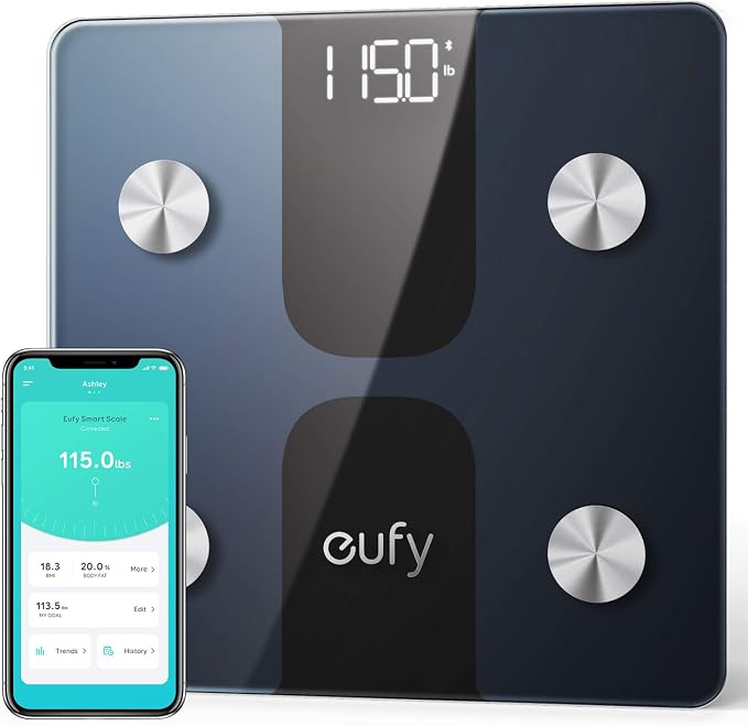 eufy Smart Scale C1 met Bluetooth, lichaamsvetschaal, draadloze digitale weegschaal, 12 metingen, gewicht/lichaamsvet/BMI, analyse van lichaamssamenstelling, zwart/wit, lbs/kg