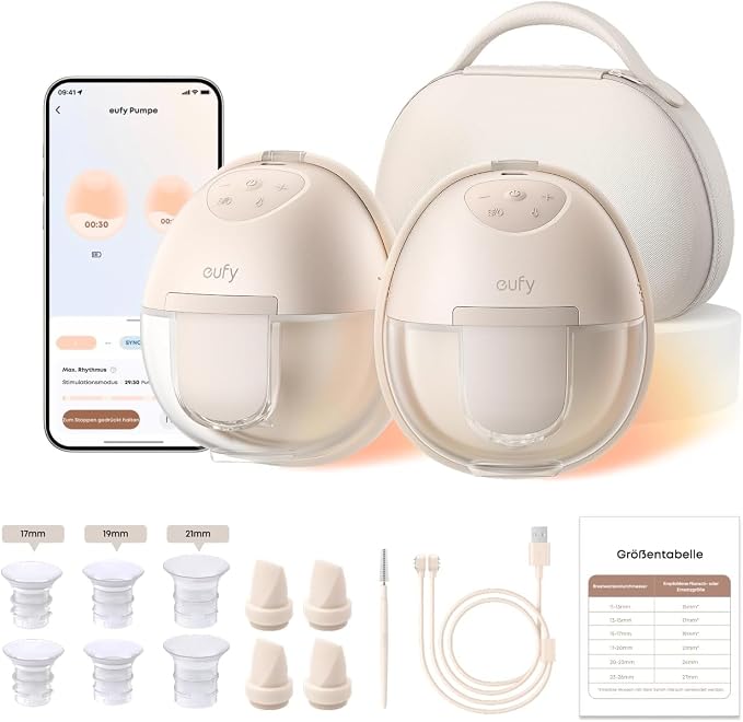 eufy Wearable Breast Pump S1 Pro, handsfree elektrische borstkolf, verwarmingstechnologie voor meer comfort, draagbare oplaadhouder, app-bediening,zuigkracht van ziekenhuisniveau,lekvrij & ultra-zacht