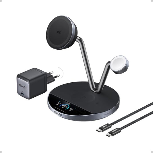 Anker Prime MagSafe-compatibele 3-in-1 oplader, Qi2 25 W gecertificeerd draadloos laadstation met Smart Display en TEC-actieve koeling, voor iPhone 17, Apple Watch, AirPods en meer