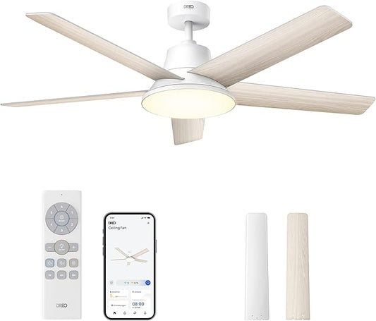 Dreo Smart Plafondventilator met licht, 132 cm, 12 snelheden, 3 modi, dimbare led met instelbare kleurtemperatuur, stille DC-motor, 12-uurs timer, app en Alexa-bediening, wit