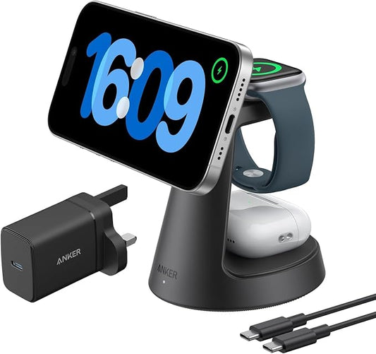 Anker MagGo 3-in-1 15W MagSafe kompatibles Ladegerät, iPhone Induktive Ladestation, Qi2-zertifiziert Wireless Charger für iPhone 16/15/14/13/12, Apple Watch, AirPods Pro und mehr (Adapter inkl.)