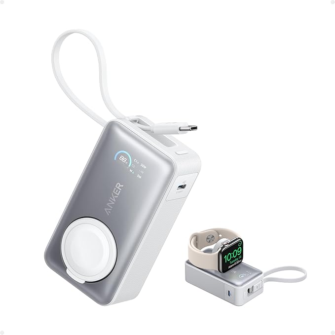 Anker MagGo Power Bank for Apple Watch, Certified Battery, Portable and Compact with 10000 mAh, Integrated USB-C Cable, 35W Max, for iPhone 16/15, Samsung, iPad, AirPods and More