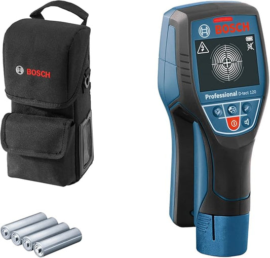 Bosch Professional wandscanner D-tect 120 (4x AA batterij, max. detectiediepte kunststof buizen/houten stijlen/stroomleiding/ferrometaal/non-ferrometaal: 60/38/60/120/120 mm, opbergtas)