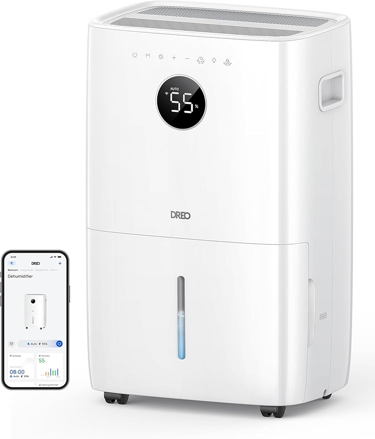 Dreo Slimme luchtontvochtiger van 110 pint voor kelder, 4500 ft² voor grote ruimte, watertank van 2 gallon, automatische/comfort/constante modus luchtontvochtigers voor thuis, slaapkamer, badkamer