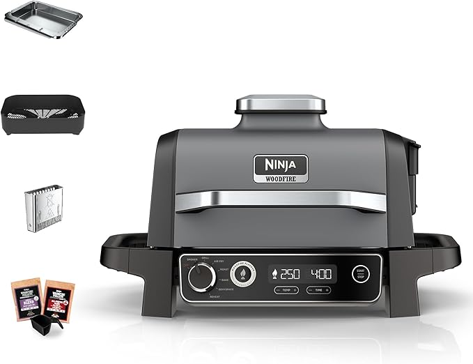 Ninja Woodfire Elektrische BBQ Grill & Smoker & Airfryer, 7-in-1 Outdoor BBQ, Grillen, Airfryen, Roken, Braden, Bakken en Meer, Weerbestendig, Anti-aanbak, Draagbaar, Elektrisch, Grijs/Zwart, OG701EU