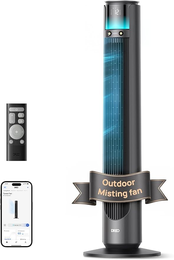 DREO TurboCool 711AS, outdoor mistventilator, 10 m/s vermogen, 12 standen, 4 modi, intelligente staande ventilator, 150 graden oscillatie, 20 dB stil, DC-motor, weerbestendig, voor binnen en buiten
