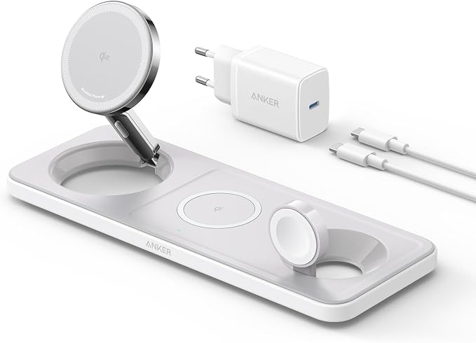Anker inklapbaar 3-in-1 draadloos oplaadstation, Qi2-gecertificeerd, 15 W draadloze oplader voor iPhone-series 12, 13, 14 en 15, AirPods Pro, Apple Watch Ultra (inclusief USB-C-oplader en -kabel)