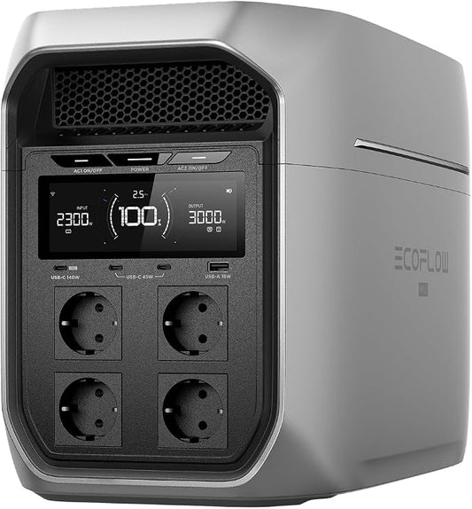Ecoflow Delta 3 Max Plus Draagbaar powerstation, 2048 Wh, uitbreidbaar tot 10 kWh, 3000 W AC-uitgang, 0-80% lading in 47 minuten, LiFePO4-batterij, 10 ms USV-backup, zonne-energie voor thuis, camping