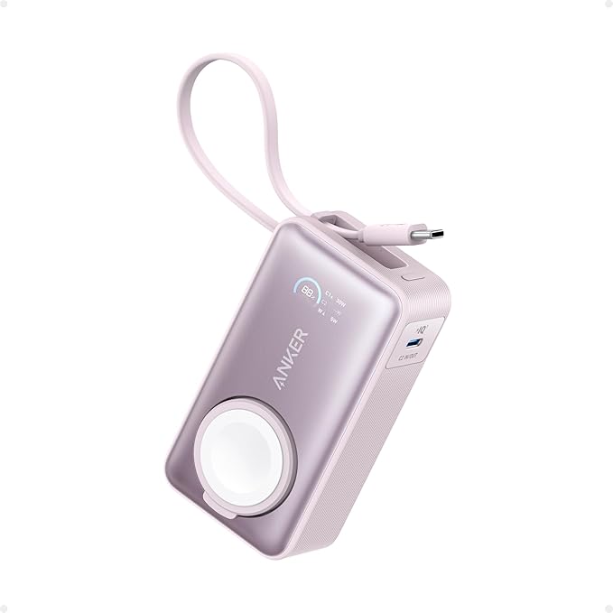 Anker MagGo Power Bank for Apple Watch, Certified Battery, Portable and Compact with 10000 mAh, Integrated USB-C Cable, 35W Max, for iPhone 16/15, Samsung, iPad, AirPods and More