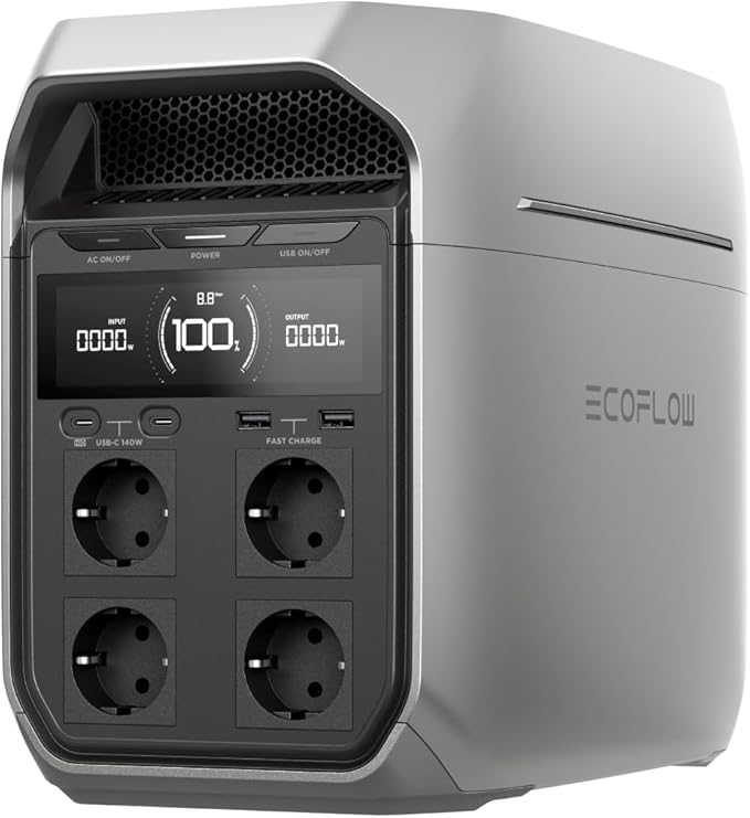 ECOFLOW Draagbaar Energiestation DELTA 3 Plus, LiFePO4-accu van 1024 Wh, in 56 min. volledig opgeladen, 1800 W (3600 W piek), zonnegenerator voor noodstroom thuis, stroomuitval en kamperen.