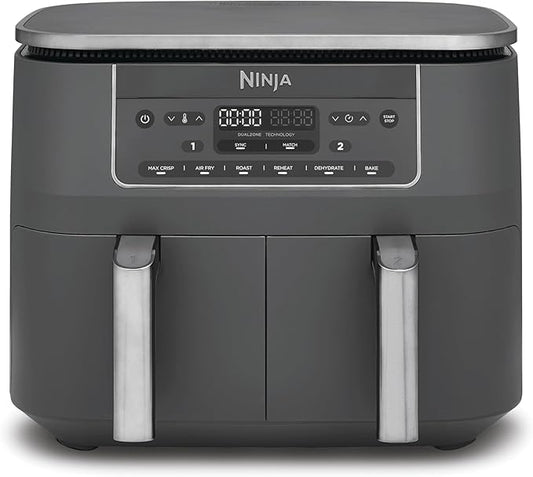 Ninja Dual Zone digitale airfryer, twee lades, 7.6L, 6-in-1, gebruikt geen olie, Airfryen, Max Crisp, Braden, Bakken, Opwarmen, Drogen, antiaanbaklaag, manden voor vaatwasser, Gunmetalgrijs DZ300EU