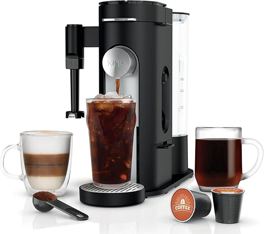 Ninja Koffiezetapparaat, enkele portie, brouwsel met koffiepads en gemalen, compatibel met K-Cup Pods, 4 stijlen, tot 24 oz cupmaten en 60 oz verwijderbaar reservoir, zwart, PB051