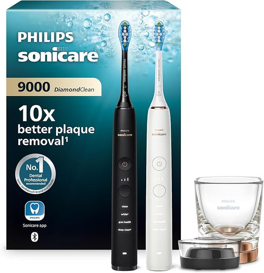 Philips Sonicare DiamondClean 9000 elektrische tandenborstel, sonische tandenborstel met app, druksensor, 4 poetsstanden, oplaadglas, zwart/roségoud, dubbelverpakking, model HX9914/57
