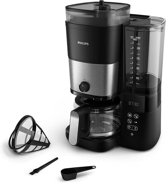 Philips Alles-in-1 filterkoffiezetapparaat, geïntegreerde conische molen voor verse bonen, bereid in een glazen kan van 1,25 liter of rechtstreeks in een kopje, intensiteitsselectie (HD7900/50)